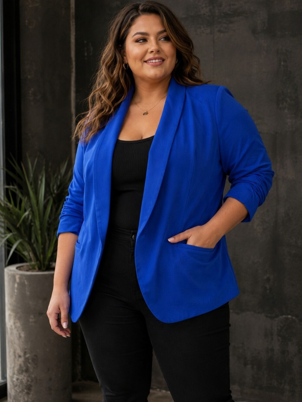 Oggi Women’s 2XL Cobalt Blue Blazer Ruched 3/4 Sleeve Open Front Career